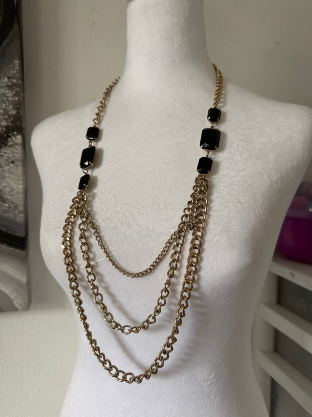 Gold Multi-Chain Necklace with Black Stone Accents